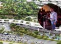 Aerial view of a green urban park with curved white elevated walkways and a large parking lot; inset shows a man speaking at a podium.